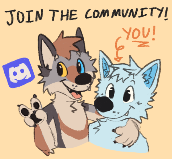 Pedro the anthropomorphic wolf with his arm around a generic 'your character here' canine. Header says 'JOIN THE COMMUNITY!' with an arrow pointing to the generic wolf with the label 'YOU!'.