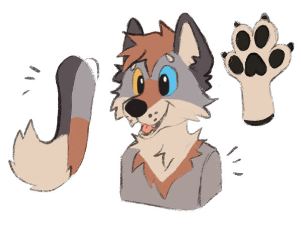 A drawing of an unworn toony wolf fursuit partial on display.