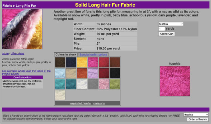 Ancient screenshot of Distinctive Fabric's long pile fur listing