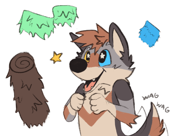 Pedro the wolf has stars in the eyes as he looks up at various types of faux fur floating around him. He is wagging is tail