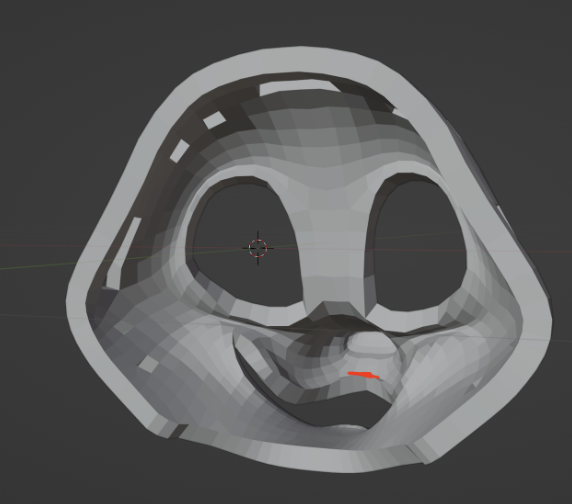 3D model of a raccoon headbase, looking in from the back. A portion of the upper lip is highlighted in rede