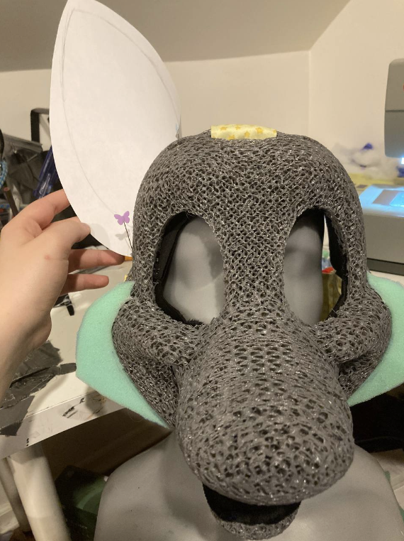 Ear pattern placed roughly on a fursuit base