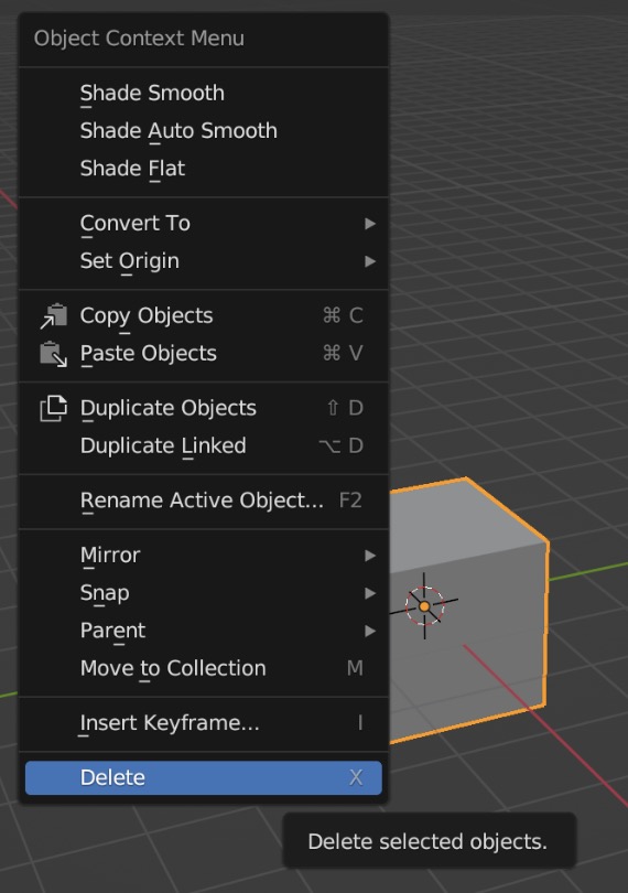 Right clicked cube with a context menu. The delete function is highlighted.