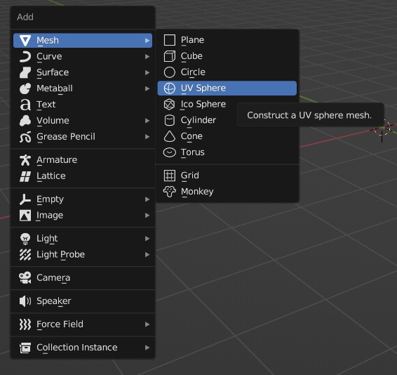 Menu adding a UV Sphere