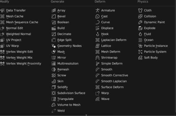 Menu asking what modifier to choose. There are many to choose from.