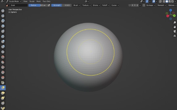 Blender's sculpt mode default view with a subdivided sphere