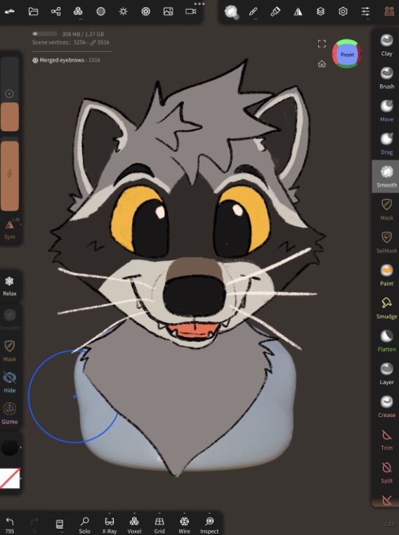 Drawover of the base. The drawover is lined and colored. The raccoon has bright yellow sclera.