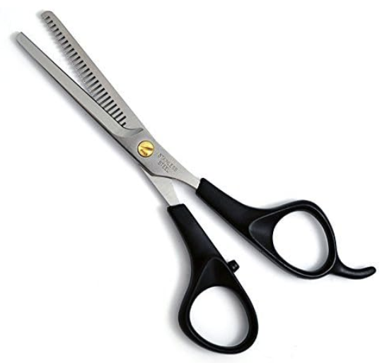 Black scissors, with rectangular cutouts on one of the blades