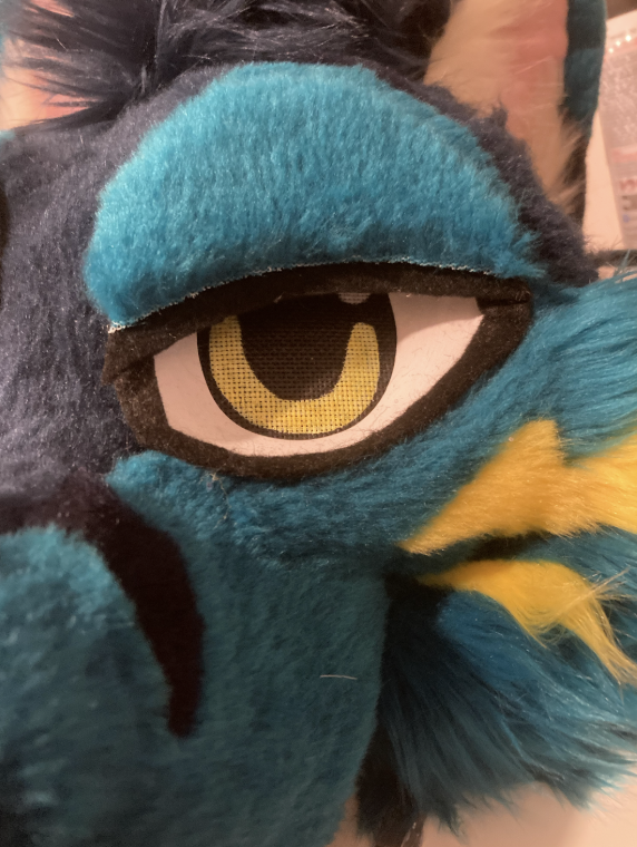 Furred eyelid on the fursuit head, but you can see the raw edge of the fur